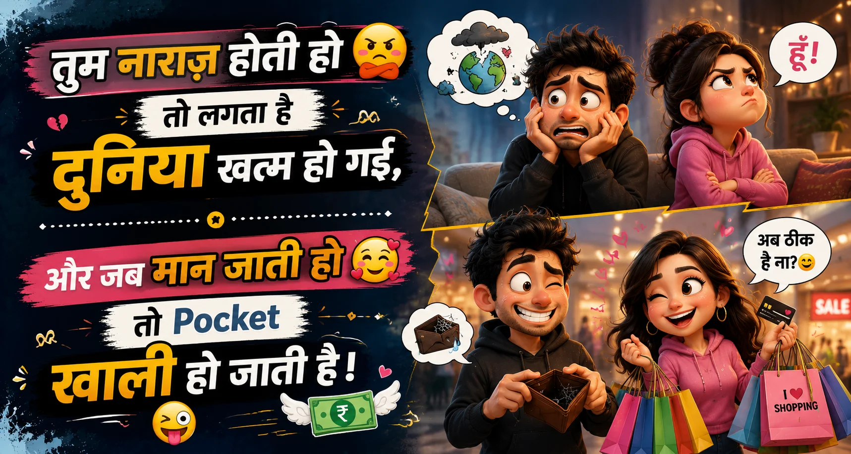 तुम नाराज़ होती हो तो लगता है दुनिया खत्म हो गई, और जब मान जाती हो तो Pocket खाली हो जाती है। 😜💸