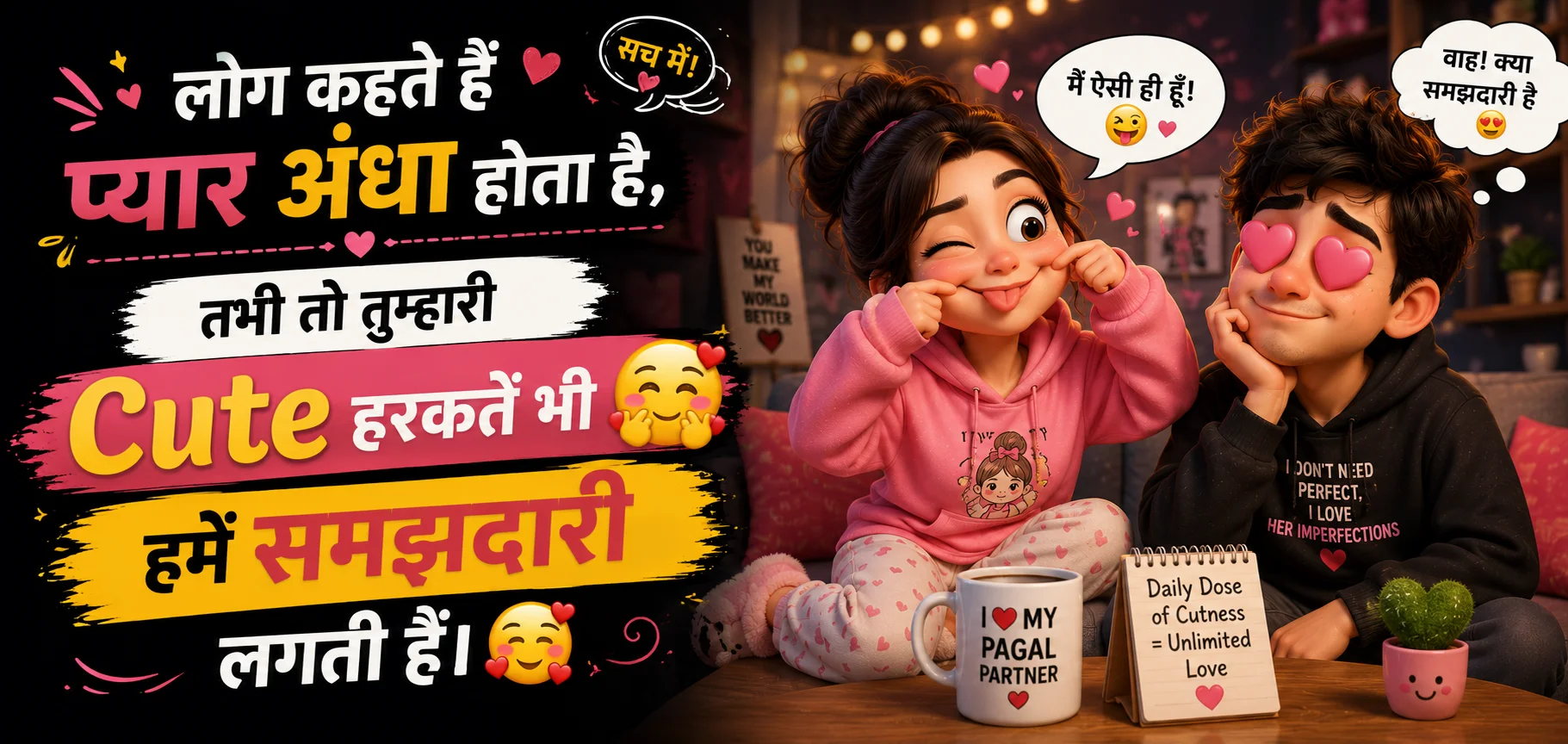 लोग कहते हैं प्यार अंधा होता है, तभी तो तुम्हारी Cute हरकतें भी हमें समझदारी लगती हैं। 🤭❤️