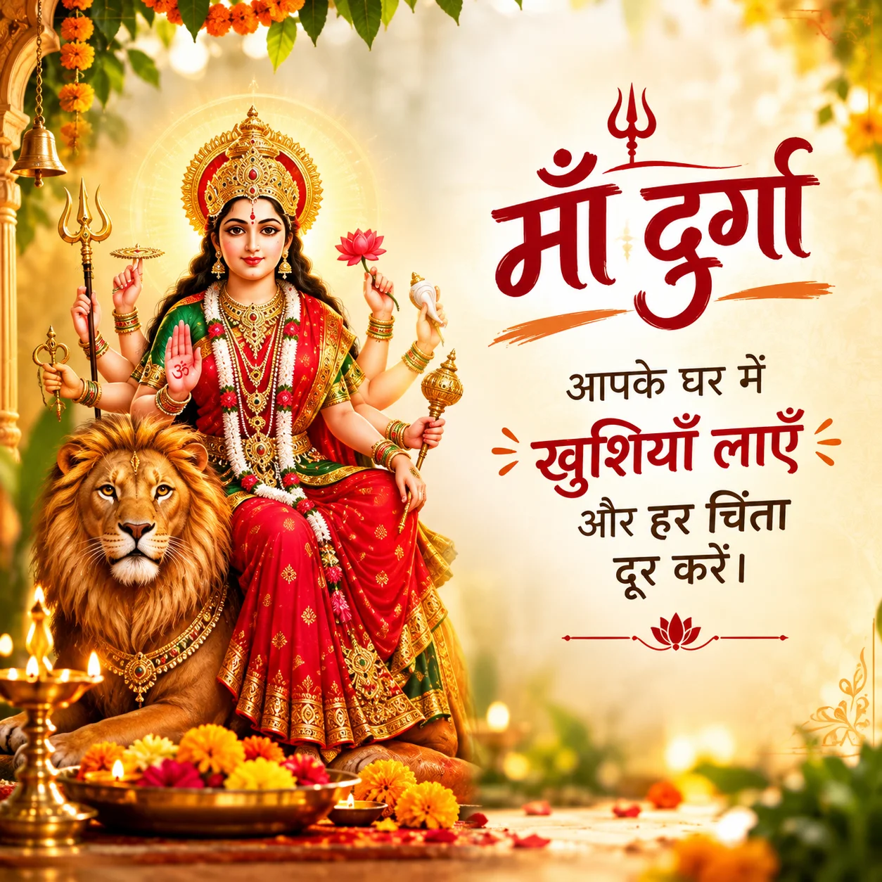 माँ दुर्गा आपके घर में खुशियाँ लाएँ और हर चिंता दूर करें।
