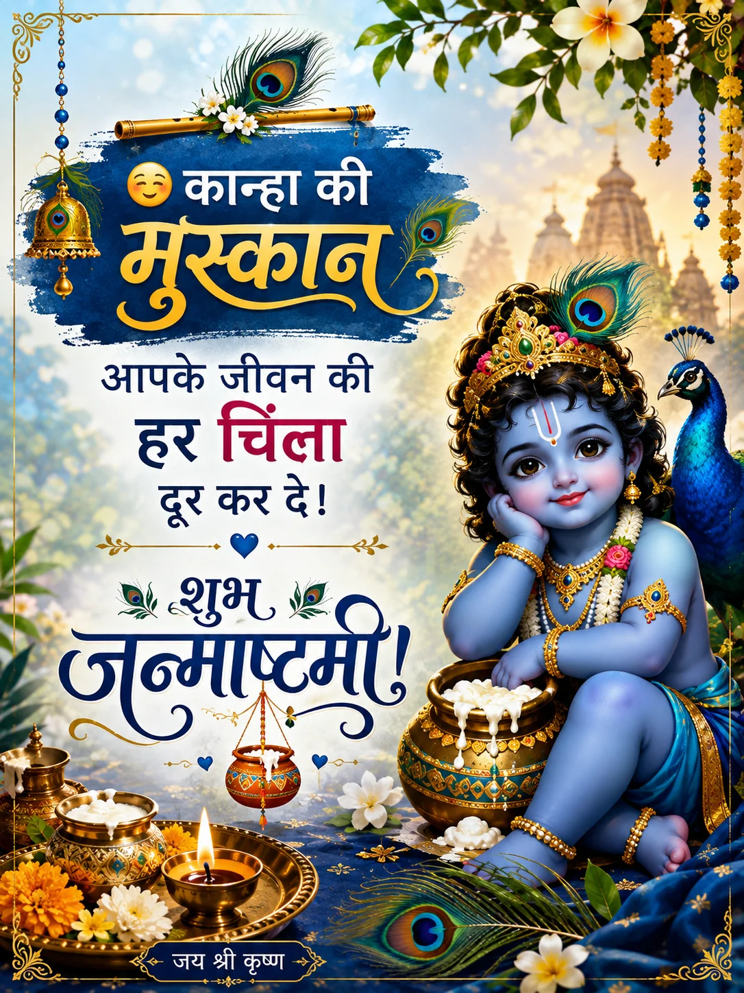 🦚 कान्हा की मुस्कान आपके जीवन की हर चिंता दूर कर दे। शुभ जन्माष्टमी!💙