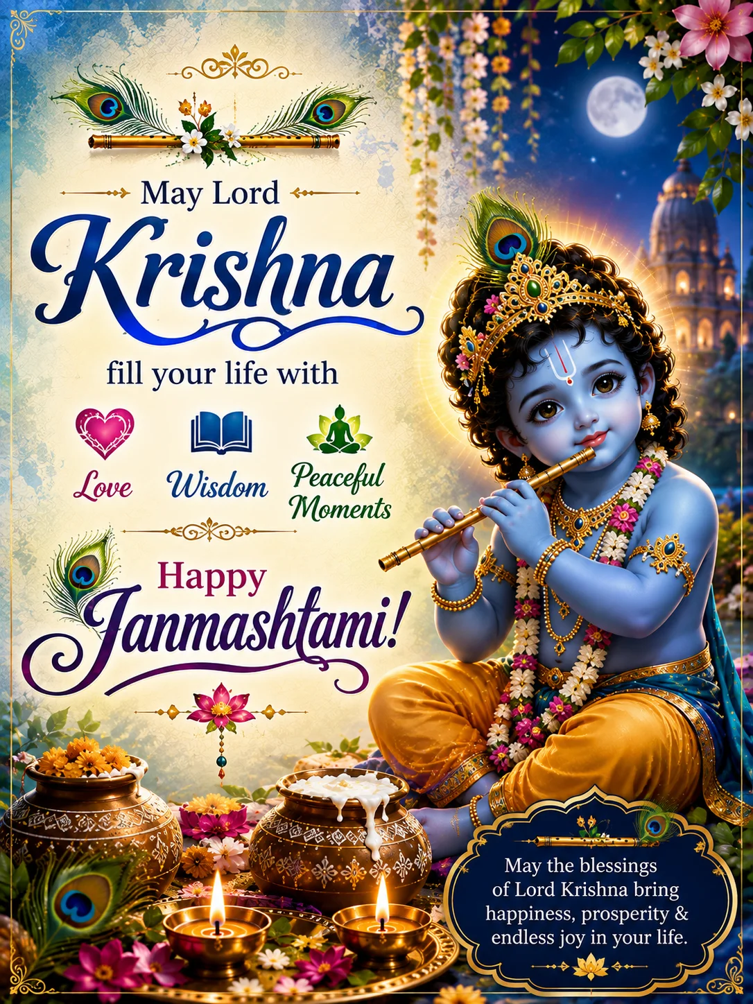 🪈 May Lord Krishna fill your life with love, wisdom, and peaceful moments. Happy Janmashtami!