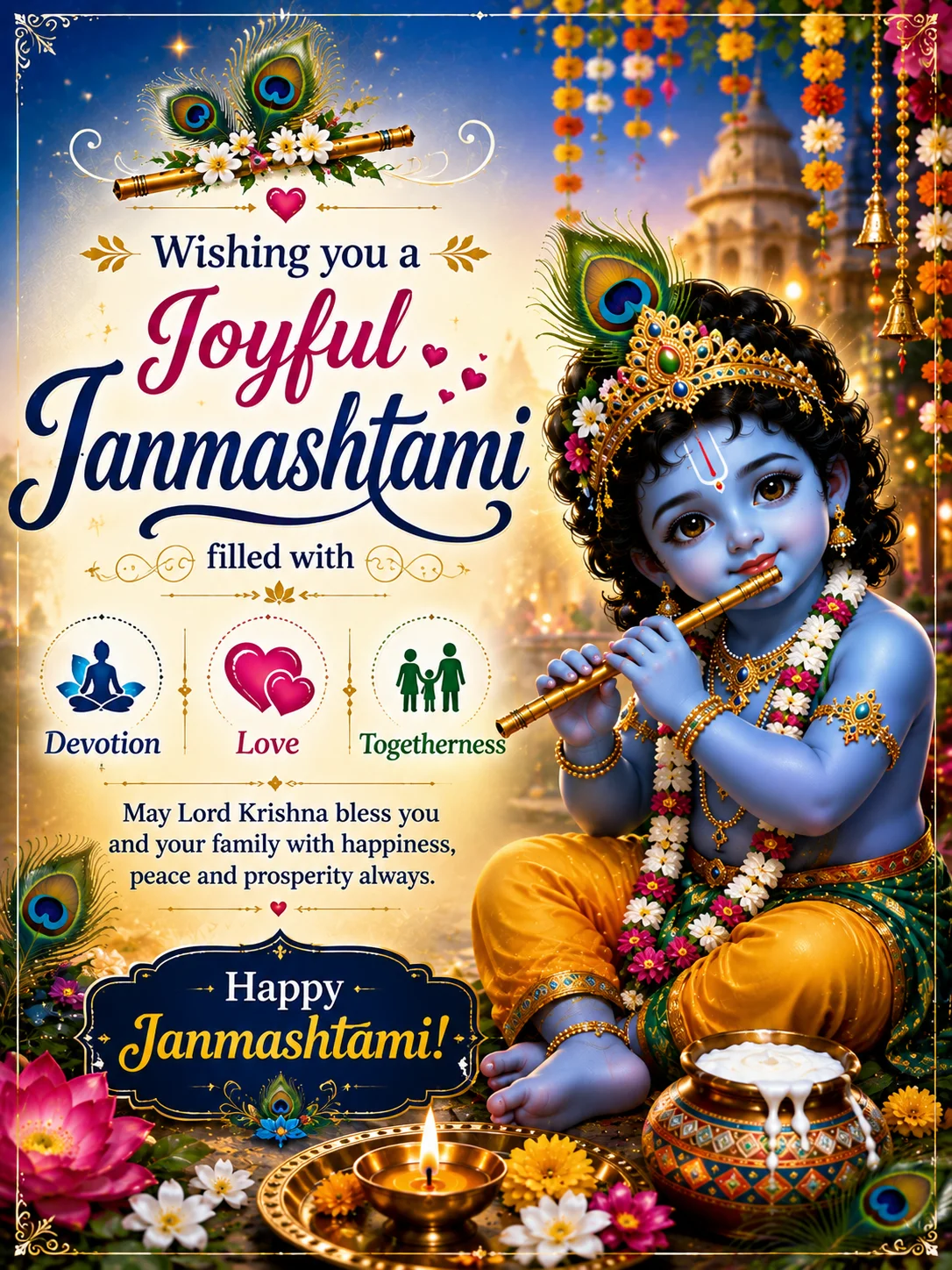 ✨ Wishing you a joyful Janmashtami filled with devotion, love, and togetherness.