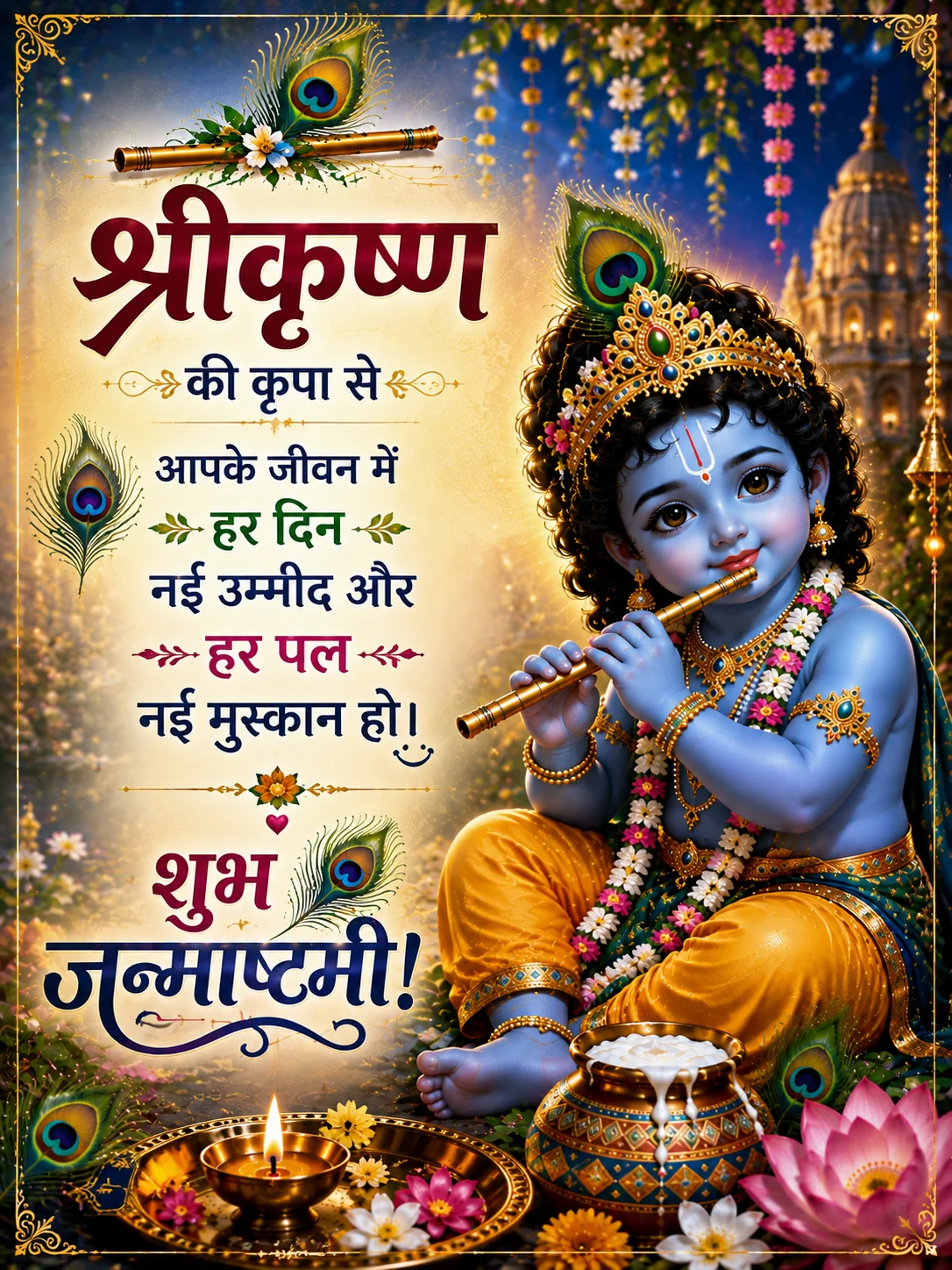 🦚 श्रीकृष्ण की कृपा से आपके जीवन में हर दिन नई उम्मीद और हर पल नई मुस्कान हो। शुभ जन्माष्टमी! 🙏