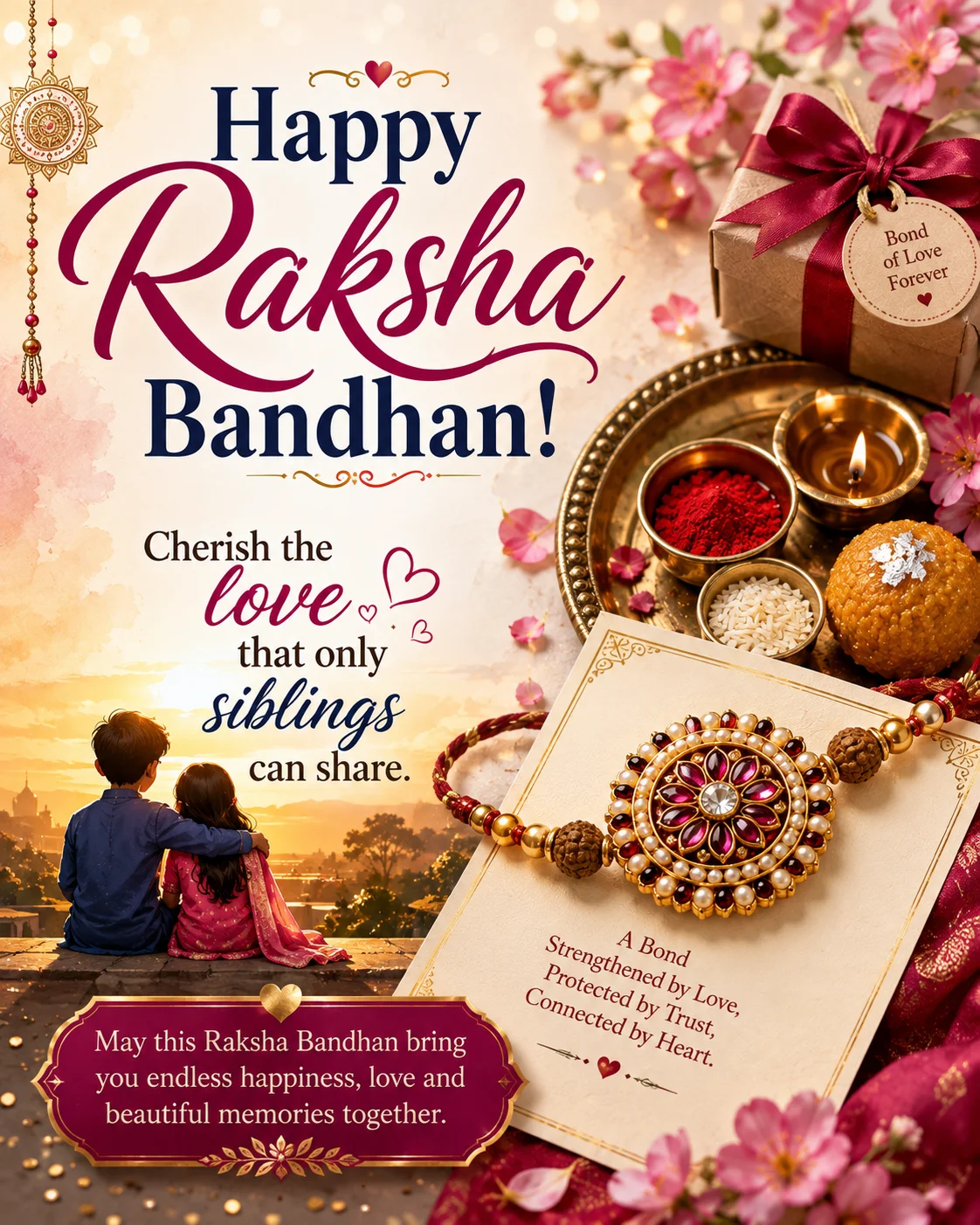 ЁЯОЙ Happy Raksha Bandhan! Cherish the love that only siblings can share.