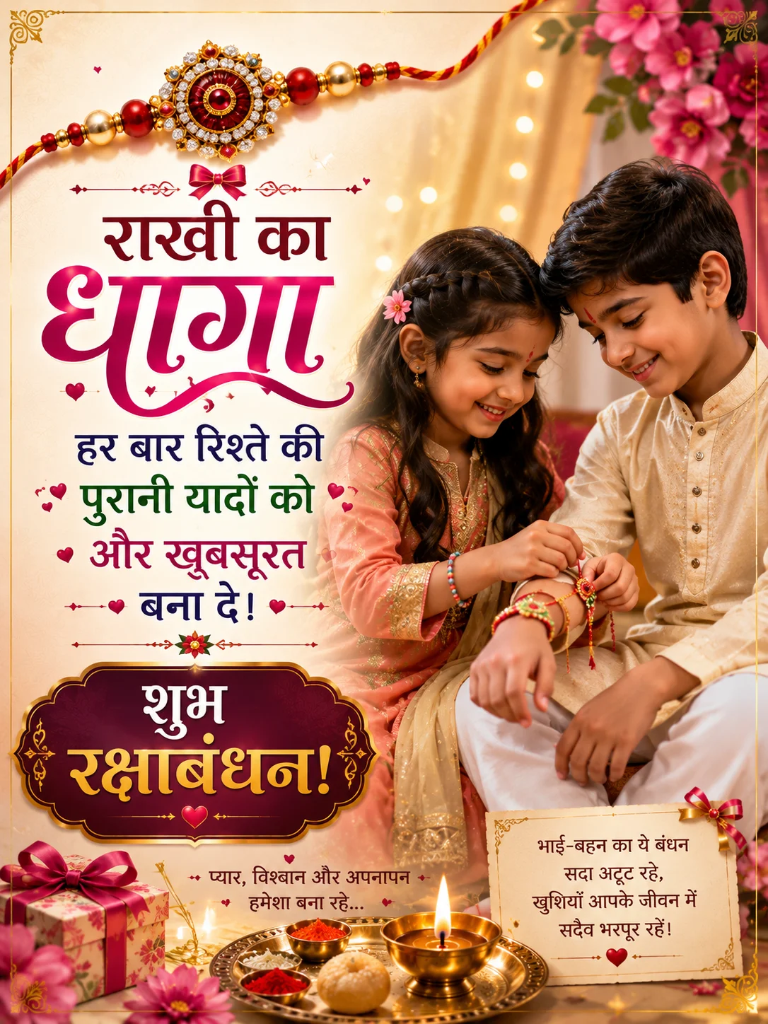 🎀 राखी का धागा हर बार रिश्ते की पुरानी यादों को और खूबसूरत बना दे। शुभ रक्षाबंधन!