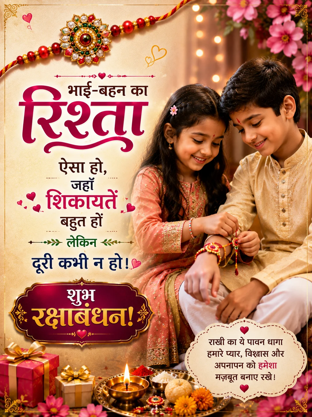 💝 भाई-बहन का रिश्ता ऐसा हो, जहाँ शिकायतें बहुत हों लेकिन दूरी कभी न हो।