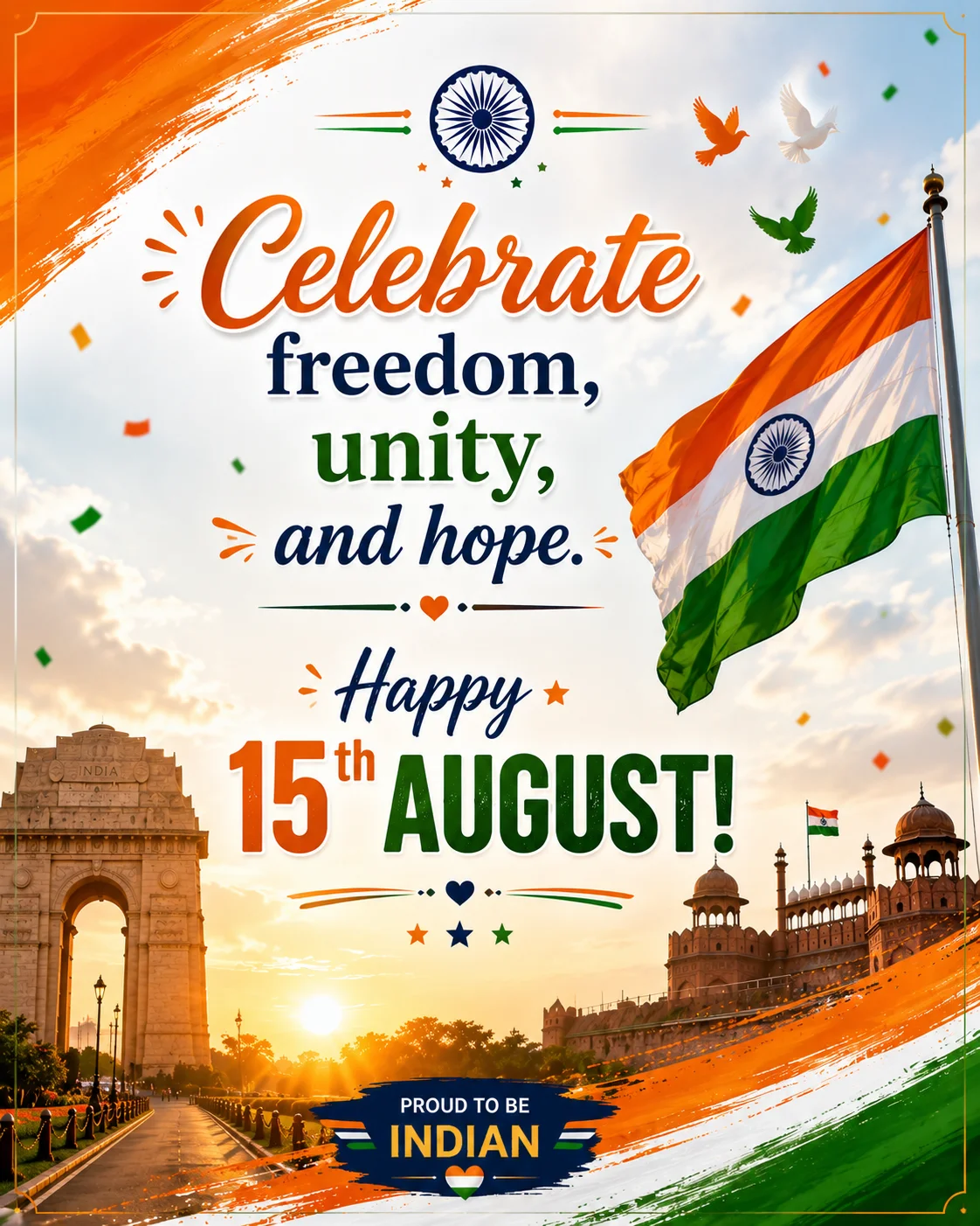 🎉 Celebrate freedom, unity, and hope. Happy 15th August!